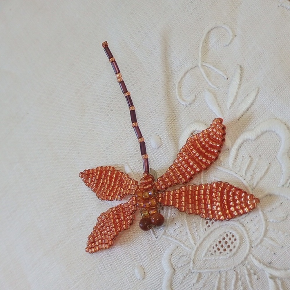 Hand beaded dragonfly brooch sandstone bead eyes iridescent orange body